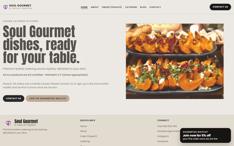 The Soul Gourmet kosher catering site built by Anvil Tech Group